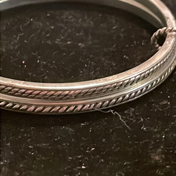Two 8” silver tone double diamond etched bangle bracelets with 1” charms - Picture 9 of 14